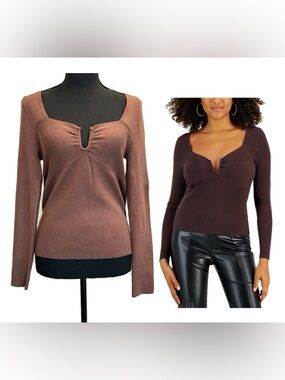 Ribbed Long Sleeve Scoop Keyhole Sweater - Brown